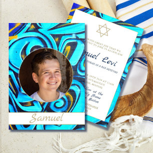 Bar Mitzvah Blue Modern Photo Star Of David Invitation