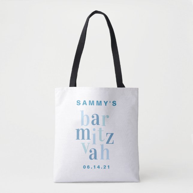 Bar Mitzvah Blue Modern Typography Party Favor Tote Bag (Front)