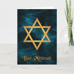 Bar Mitzvah Blue Nebulae & Gold Star of David Card
