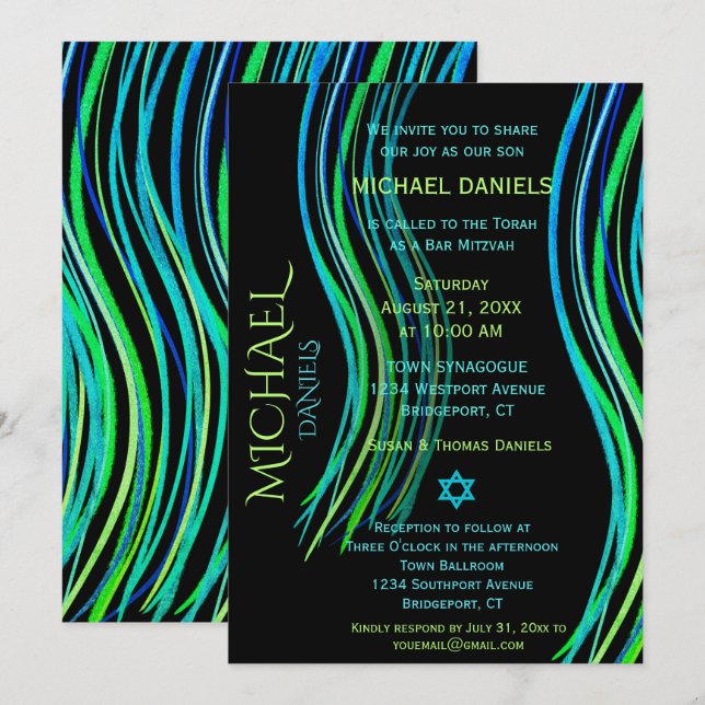 Bar Mitzvah Blue Neon Green Prayer Shawl Invitation (Front/Back)