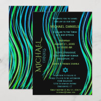 Bar Mitzvah Blue Neon Green Prayer Shawl Invitation