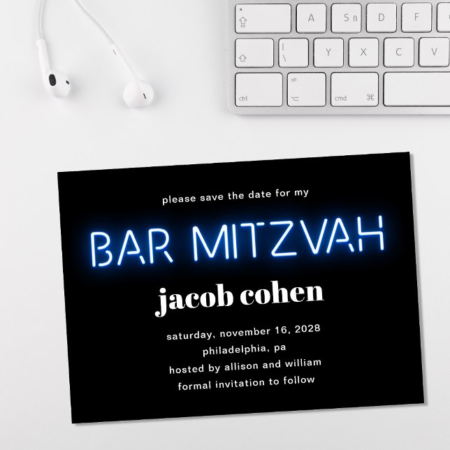 Bar Mitzvah Blue Neon Lights Save The Date Invitation (Creator Uploaded)