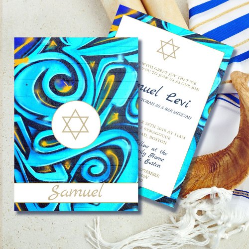 Bar Mitzvah Blue Pattern Modern Jewish Invitation