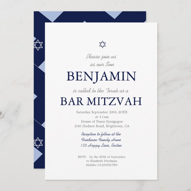 Bar Mitzvah Blue Pattern Star of David Jewish   Invitation (Front/Back)