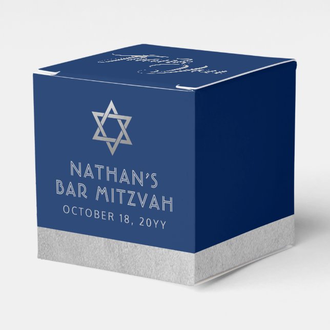 Bar Mitzvah Blue & Silver Stripe Modern Favor Box (Front Side)