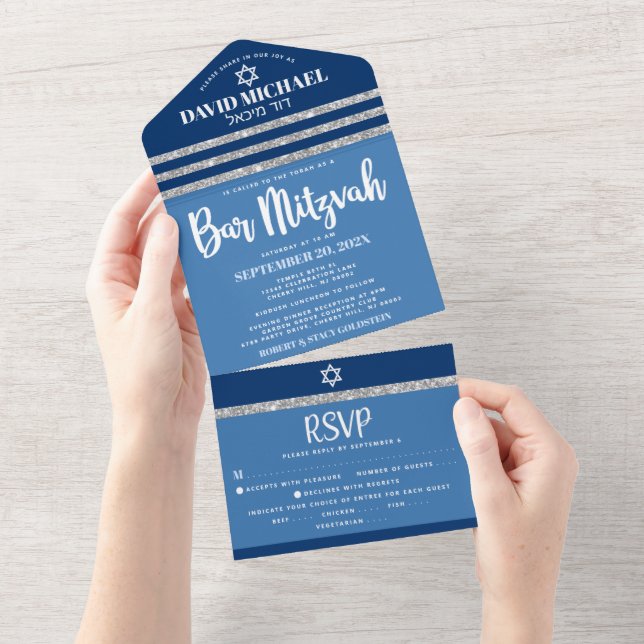 Bar Mitzvah Blue Silver Tallit Bold Modern Script All In One Invitation (Tearaway)