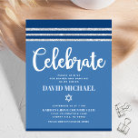 Bar Mitzvah Blue Silver Tallit Bold Modern Script  Enclosure Card<br><div class="desc">Be proud, rejoice and showcase this milestone of your favorite Bar Mitzvah! Include this cool, unique, modern, personalized insert for additional information to your event. Bold, white script typography, Star of David and a navy blue and silver glitter striped tallit inspired graphic overlay a simple, cornflower blue background. Personalize the...</div>