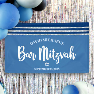 Bar Mitzvah Blue Silver Tallit Bold Script Modern Banner