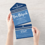 Bar Mitzvah Blue Silver Tallit Modern Bold Script All In One Invitation<br><div class="desc">Be proud, rejoice and showcase this milestone of your favorite Bar Mitzvah! Send out this cool, unique, modern, custom all-in-one invitation for an event to remember. Bold, white script typography, Star of David and a navy blue and faux silver glitter striped tallit inspired graphic overlay a simple, cornflower blue background....</div>