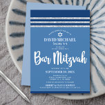 Bar Mitzvah Blue Silver Tallit Modern Bold Script Invitation<br><div class="desc">Be proud, rejoice and showcase this milestone of your favorite Bar Mitzvah! Send out this cool, unique, modern, personalized invitation for an event to remember. Bold, white script typography, Star of David and a navy blue and silver glitter striped tallit inspired graphic overlay a simple, cornflower blue background. Personalize the...</div>