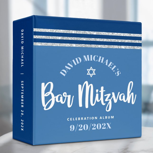Bar Mitzvah Blue Silver Tallit Script Keepsake 3 Ring Binder (Creator Uploaded)