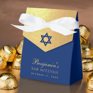 Bar Mitzvah Blue Star of David Faux Gold Religious Favor Boxes