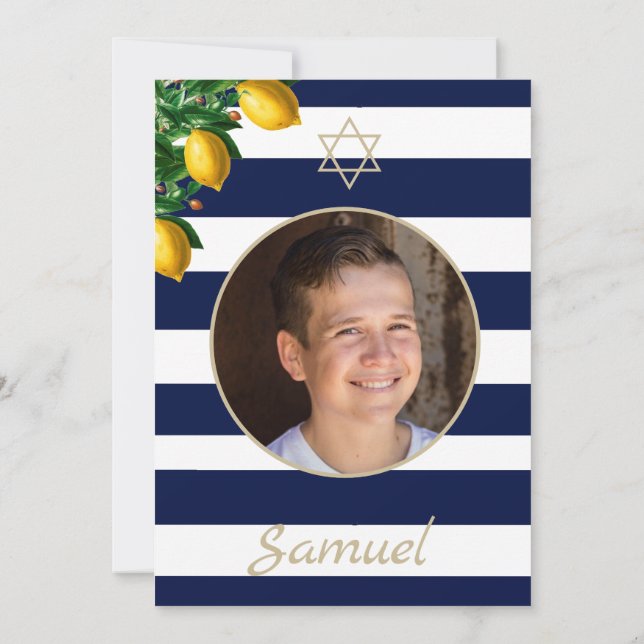 Bar Mitzvah Blue Stripe Modern Photo Star of David Invitation (Back)