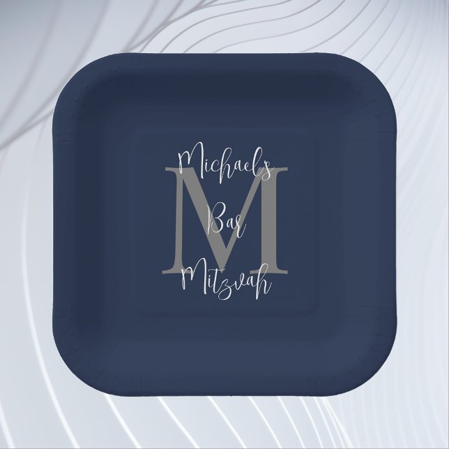 Bar Mitzvah Blue White Gray Name Monogram Paper Plates (Creator Uploaded)