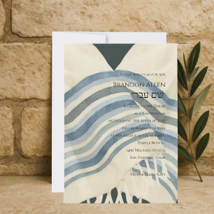 Bar Mitzvah Blue White Gray Stripe Tallit Invitation