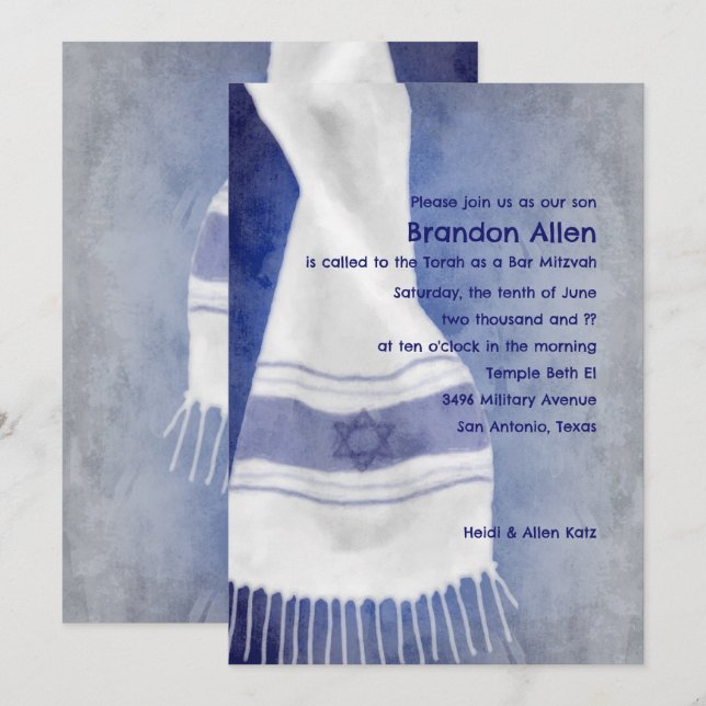 Bar Mitzvah Blue White Star of David Tallit Invitation (Front/Back)