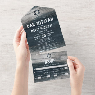Bar Mitzvah Bold Modern Charcoal Gray Silver Foil All In One Invitation