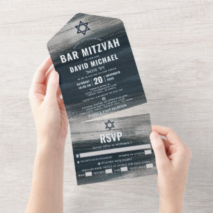 Bar Mitzvah Bold Modern Charcoal Gray Silver Foil All In One Invitation