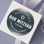 Bar Mitzvah Bold Modern Charcoal Gray Silver Foil  Classic Round Sticker<br><div class="desc">Be proud, rejoice and showcase this milestone of your favorite Bar Mitzvah! Use this cool, unique, modern, personalized sticker to add to his special day. Metallic silver foil brush strokes and Star of David, along with bold, white typography, overlay a rich, dark charcoal gray blue ombre paint background. Personalize the...</div>