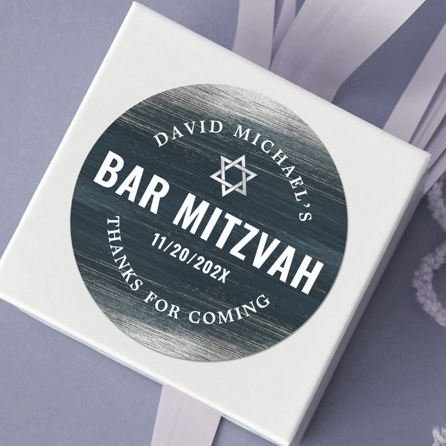 Bar Mitzvah Bold Modern Charcoal Gray Silver Foil  Classic Round Sticker (Creator Uploaded)