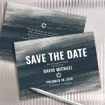 Bar Mitzvah Bold Modern Charcoal Gray Silver Foil  Save The Date<br><div class="desc">Make sure all your friends and relatives will be able to celebrate your son’s milestone Bar Mitzvah! Send out this cool, unique, modern, personalized “Save the Date” announcement card. Metallic silver foil brush strokes and Star of David, along with bold, white typography, overlay a rich, dark charcoal gray blue ombre...</div>