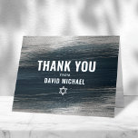 Bar Mitzvah Bold Modern Charcoal Gray Silver Foil  Thank You Card<br><div class="desc">Make sure your favorite Bar Mitzvah shows his appreciation to all who supported his milestone event! Send out this cool, unique, modern, personalized thank you card. Metallic silver foil brush strokes and Star of David, along with bold, white typography, overlay a rich, dark charcoal gray blue ombre paint background. Your...</div>