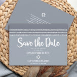 Bar Mitzvah Bold Modern Gray Silver Tallit Script Save The Date<br><div class="desc">Make sure all your friends and relatives will be able to celebrate your son’s milestone Bar Mitzvah! Send out this cool, unique, modern, personalized “Save the Date” announcement card. Bold, white script typography, Star of David, and a soft gray and silver glitter striped tallit inspired graphic overlay a simple, lighter...</div>