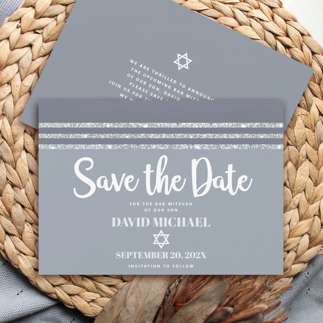 Bar Mitzvah Bold Modern Gray Silver Tallit Script Save The Date (Creator Uploaded)
