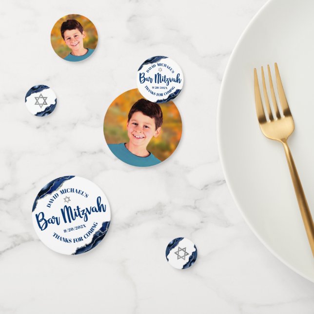 Bar Mitzvah Bold Modern Navy Blue Agate Script Confetti (Group)