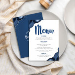 Bar Mitzvah Bold Modern Navy Blue Agate Script Menu<br><div class="desc">Be proud, rejoice and showcase this milestone of your favorite Bar Mitzvah with a celebration to be proud of! Tempt your guests with this stunning, modern, party meal menu, featuring navy blue calligraphy script, bold navy blue and soft gray typography, and steel blue agate rocks accented with faux silver veins,...</div>