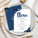 Bar Mitzvah Bold Modern Navy Blue Agate Script Menu<br><div class="desc">Be proud, rejoice and showcase this milestone of your favorite Bar Mitzvah with a celebration to be proud of! Tempt your guests with this stunning, modern, party meal menu, featuring navy blue calligraphy script, bold navy blue and soft gray typography, and steel blue agate rocks accented with faux silver veins,...</div>