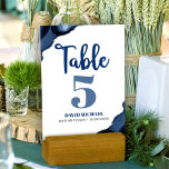 Bar Mitzvah Bold Modern Navy Blue Agate Script Table Number<br><div class="desc">No Bar Mitzvah party is complete without personalized table number cards. Let your son be proud, rejoice and celebrate his milestone at his perfectly coordinated party. Navy blue calligraphy script, bold blue and soft gray typography, and steel blue agate rocks accented with faux silver veins overlay a simple, white background....</div>