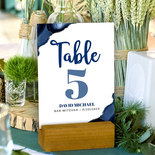 Bar Mitzvah Bold Modern Navy Blue Agate Script Table Number (Creator Uploaded)