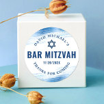Bar Mitzvah Bold Modern Navy Typography Blue Foil  Classic Round Sticker<br><div class="desc">Be proud, rejoice and showcase this milestone of your favorite Bar Mitzvah! Use this cool, unique, modern, personalized sticker to add to his special day. Metallic light blue foil brush strokes, along with bold, navy blue typography and Star of David, overlay a simple, white background. Personalize the custom text with...</div>