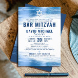 Bar Mitzvah Bold Modern Navy Typography Blue Foil Invitation<br><div class="desc">Be proud, rejoice and showcase this milestone of your favorite Bar Mitzvah! Send out this cool, unique, modern, personalized invitation for an event to remember. Metallic light blue foil brush strokes, along with bold, navy blue typography and Star of David, overlay a simple, white background. Personalize the custom text with...</div>