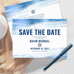 Bar Mitzvah Bold Modern Navy Typography Blue Foil  Save The Date<br><div class="desc">Make sure all your friends and relatives will be able to celebrate your son’s milestone Bar Mitzvah! Send out this cool, unique, modern, personalized “Save the Date” announcement card. Metallic light blue foil brush strokes, along with bold, navy blue typography and Star of David, overlay a simple, white background. Personalize...</div>