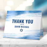 Bar Mitzvah Bold Modern Navy Typography Blue Foil  Thank You Card<br><div class="desc">Make sure your favorite Bar Mitzvah shows his appreciation to all who supported his milestone event! Send out this cool, unique, modern, personalized thank you card. Metallic light blue foil brush strokes, along with bold, navy blue typography and Star of David, overlay a simple, white background. Your custom message, a...</div>