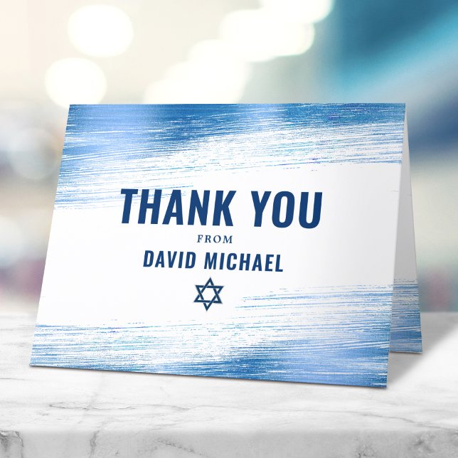 Bar Mitzvah Bold Modern Navy Typography Blue Foil  Thank You Card