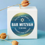 Bar Mitzvah Bold Modern Type Turquoise Gold Foil  Classic Round Sticker<br><div class="desc">Be proud, rejoice and showcase this milestone of your favorite Bar Mitzvah! Use this cool, unique, modern, personalized sticker to add to his special day. Metallic gold foil brush strokes and Star of David, along with bold, white typography, overlay a rich, turquoise blue ombre paint background. Personalize the custom text...</div>