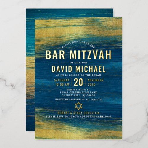 Bar Mitzvah Bold Modern Type Turquoise Real Gold Foil Invitation