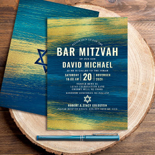 Bar Mitzvah Bold Modern Type Turquoise Real Gold Foil Invitation