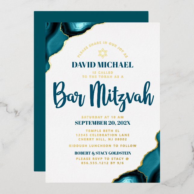 Bar Mitzvah Bold Turquoise Agate Script Real Gold Foil Invitation (Front/Back)