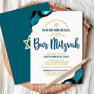 Bar Mitzvah Bold Turquoise Agate Script Real Gold Foil Invitation