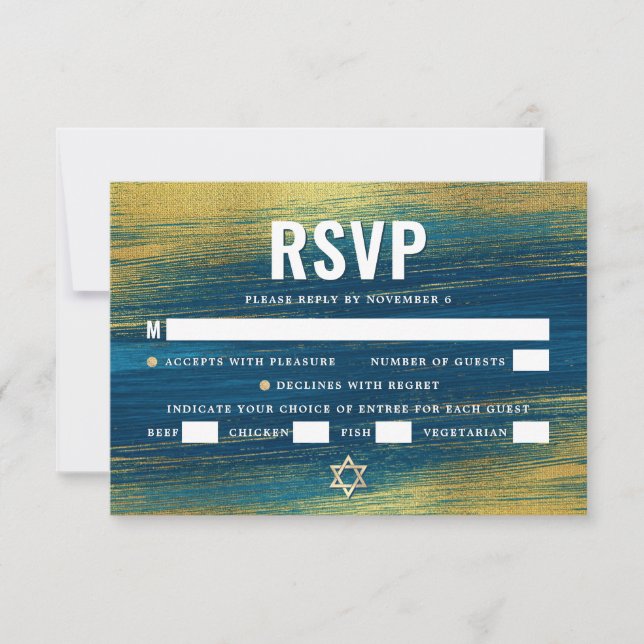 Bar Mitzvah Bold Typography Turquoise Gold Foil RSVP Card (Front)