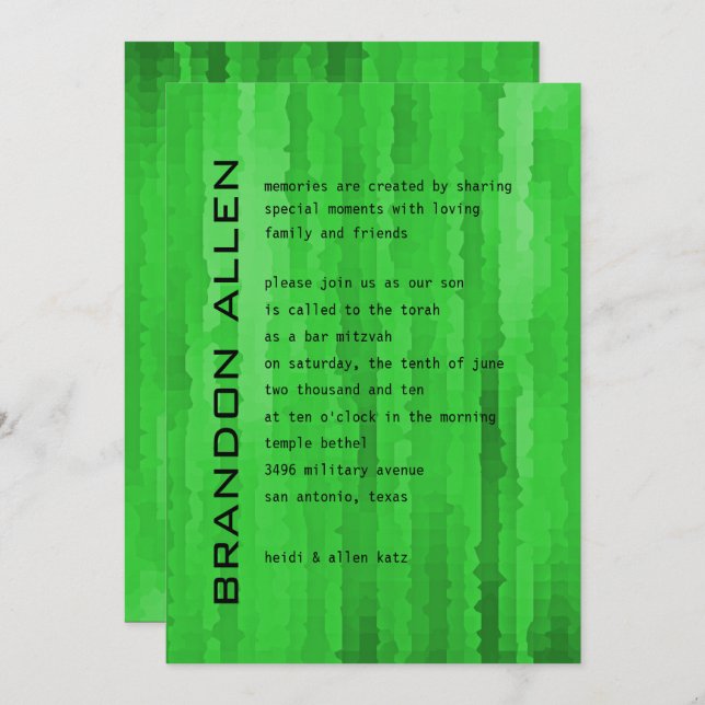 Bar Mitzvah Bright Green Techno Streaks Invitation (Front/Back)