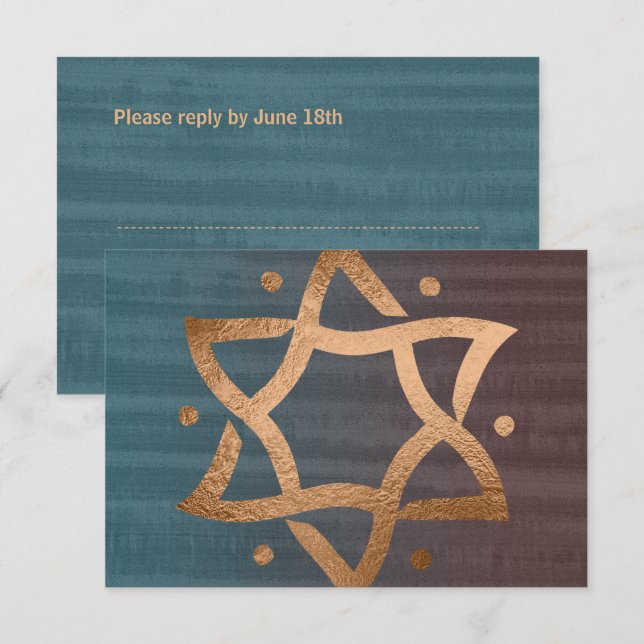 Bar Mitzvah Brown and Teal Copper Star RSVP Card (Front/Back)