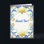 Bar Mitzvah Card Mazel Tov, Greeting Card<br><div class="desc">The front id blue and white ribboned curlicues within a blue frame with faux gold star of David motifs with the greeting,  "Mazel Tov!."  The inside reads,  "Celebrate this day of your Bar Mitzvah! Best Wishes." A simple,  elegant card.</div>
