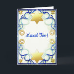 Bar Mitzvah Card Mazel Tov, Greeting Card<br><div class="desc">The front id blue and white ribboned curlicues within a blue frame with faux gold star of David motifs with the greeting,  "Mazel Tov!."  The inside reads,  "Celebrate this day of your Bar Mitzvah! Best Wishes." A simple,  elegant card.</div>