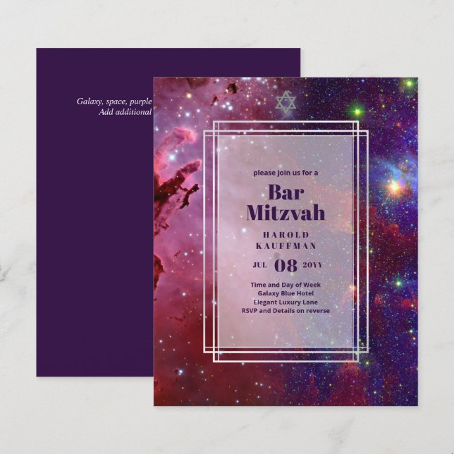 BAR MITZVAH CARDS Celestial Skies Blue Galaxy Gold (Front/Back)