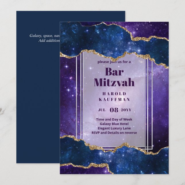 BAR MITZVAH CARDS Celestial Skies Blue Galaxy Gold (Front/Back)
